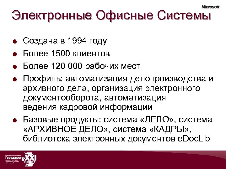 Электронные Офисные Системы Создана в 1994 году Более 1500 клиентов Более 120 000 рабочих