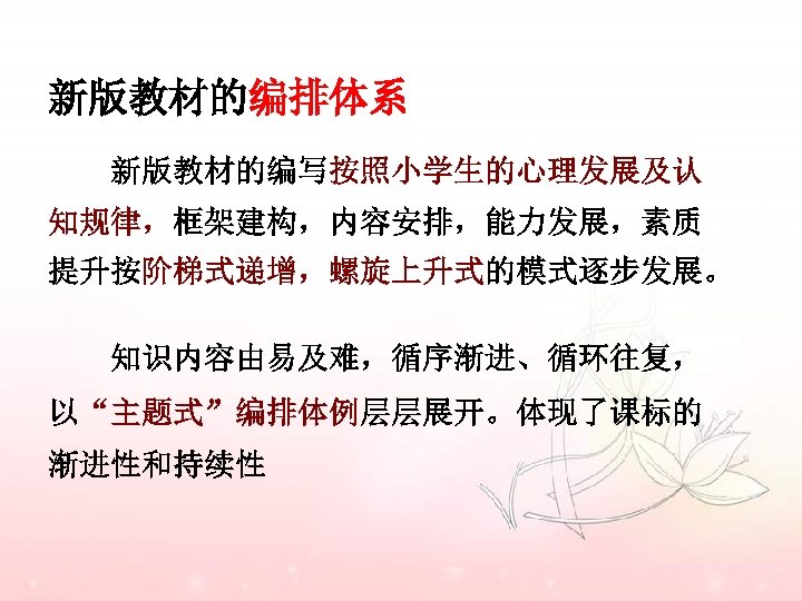 新版教材的编排体系 新版教材的编写按照小学生的心理发展及认 知规律，框架建构，内容安排，能力发展，素质 提升按阶梯式递增，螺旋上升式的模式逐步发展。 知识内容由易及难，循序渐进、循环往复， 以“主题式”编排体例层层展开。体现了课标的 渐进性和持续性 