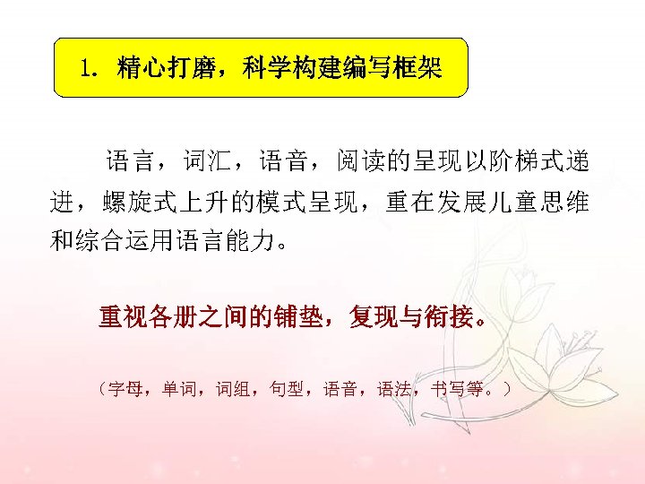 1. 精心打磨，科学构建编写框架 语言，词汇，语音，阅读的呈现以阶梯式递 进，螺旋式上升的模式呈现，重在发展儿童思维 和综合运用语言能力。 重视各册之间的铺垫，复现与衔接。 （字母，单词，词组，句型，语音，语法，书写等。） 