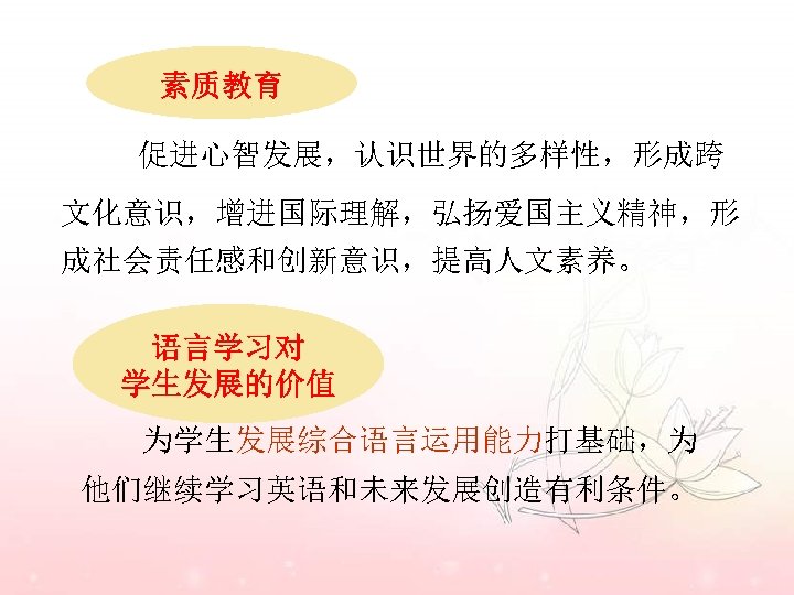 素质教育 促进心智发展，认识世界的多样性，形成跨 文化意识，增进国际理解，弘扬爱国主义精神，形 成社会责任感和创新意识，提高人文素养。 语言学习对 学生发展的价值 为学生发展综合语言运用能力打基础，为 他们继续学习英语和未来发展创造有利条件。 