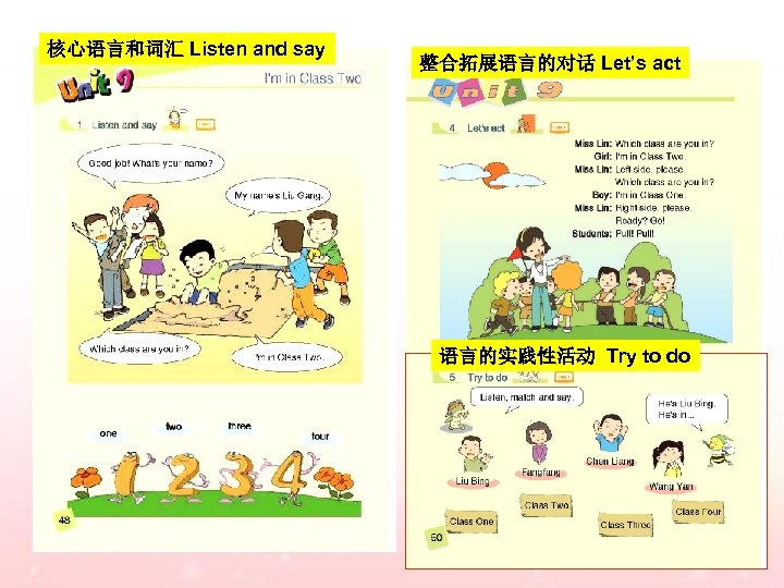 核心语言和词汇 Listen and say 整合拓展语言的对话 Let’s act 语言的实践性活动 Try to do 