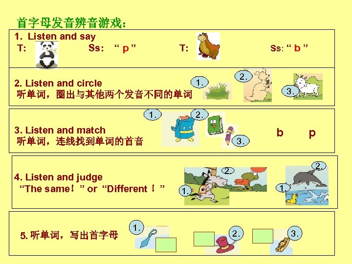 首字母发音辨音游戏： 1. Listen and say T: Ss: “p” T: 2. Listen and circle 听单词，圈出与其他两个发音不同的单词