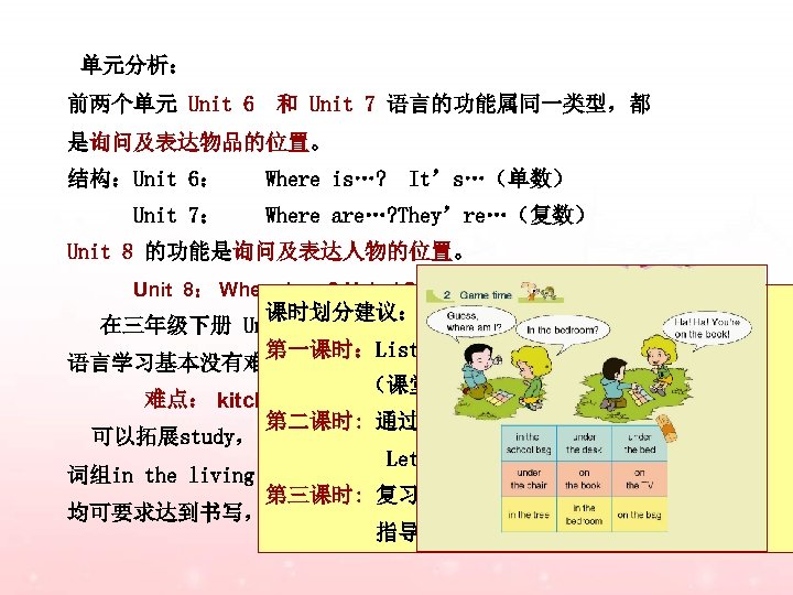 单元分析： 前两个单元 Unit 6 和 Unit 7 语言的功能属同一类型，都 是询问及表达物品的位置。 结构：Unit 6： Unit 7： Where