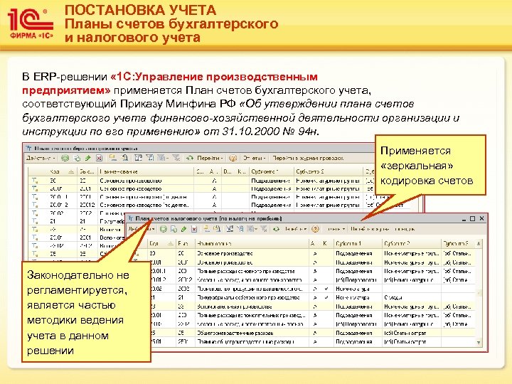 ПОСТАНОВКА УЧЕТА Планы счетов бухгалтерского и налогового учета В ERP-решении « 1 С: Управление