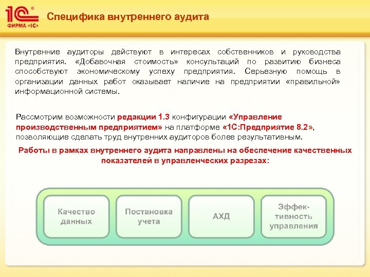 Специфика внутреннего аудита Внутренние аудиторы действуют в интересах собственников и руководства предприятия. «Добавочная стоимость»