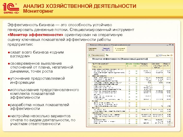 АНАЛИЗ ХОЗЯЙСТВЕННОЙ ДЕЯТЕЛЬНОСТИ Мониторинг Эффективность бизнеса — это способность устойчиво генерировать денежные потоки. Специализированный