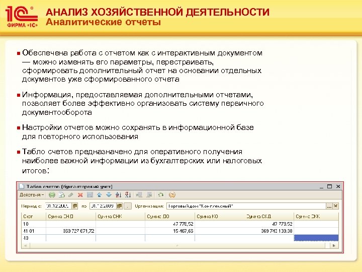 АНАЛИЗ ХОЗЯЙСТВЕННОЙ ДЕЯТЕЛЬНОСТИ Аналитические отчеты n n Обеспечена работа с отчетом как с интерактивным