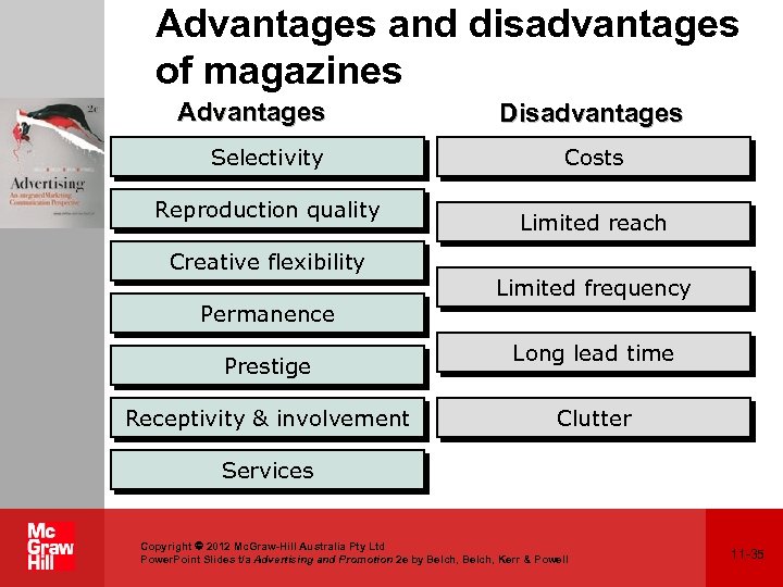 Advantages and disadvantages of magazines Advantages Selectivity Reproduction quality Creative flexibility Permanence Prestige Receptivity