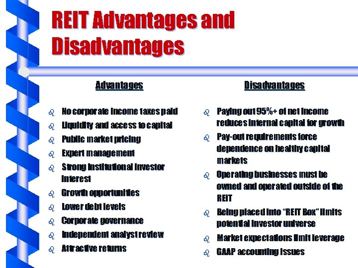 REIT Advantages and Disadvantages Advantages b No corporate income taxes paid b Liquidity and