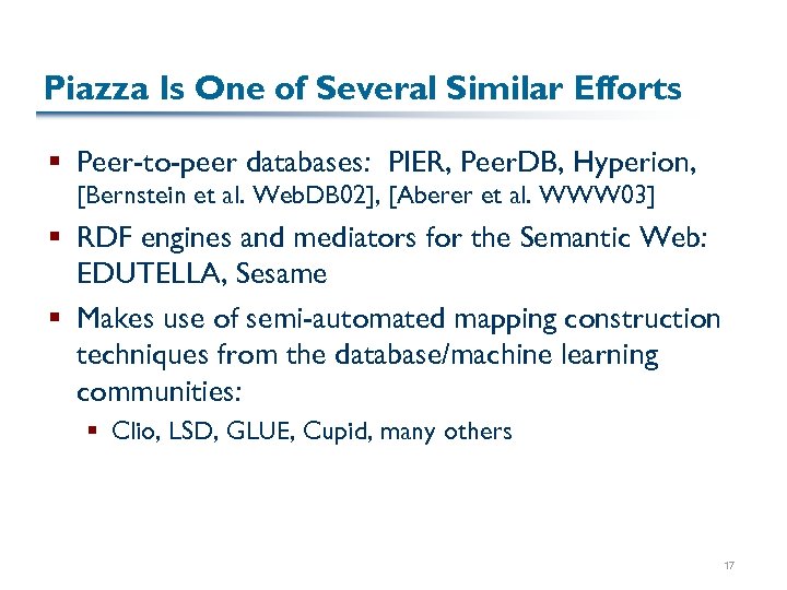 Piazza Is One of Several Similar Efforts § Peer-to-peer databases: PIER, Peer. DB, Hyperion,