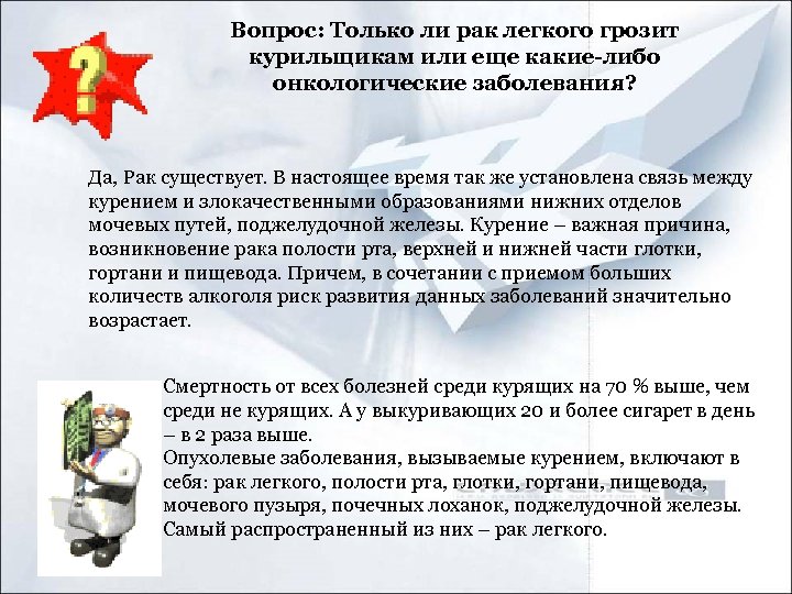 Вопрос: Только ли рак легкого грозит курильщикам или еще какие-либо онкологические заболевания? Да, Рак