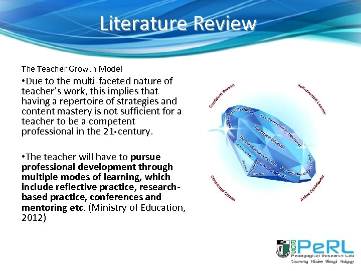 Literature Review The Teacher Growth Model • Due to the multi-faceted nature of teacher’s