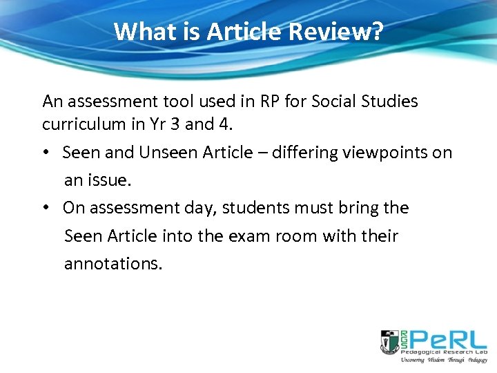 What is Article Review? An assessment tool used in RP for Social Studies curriculum