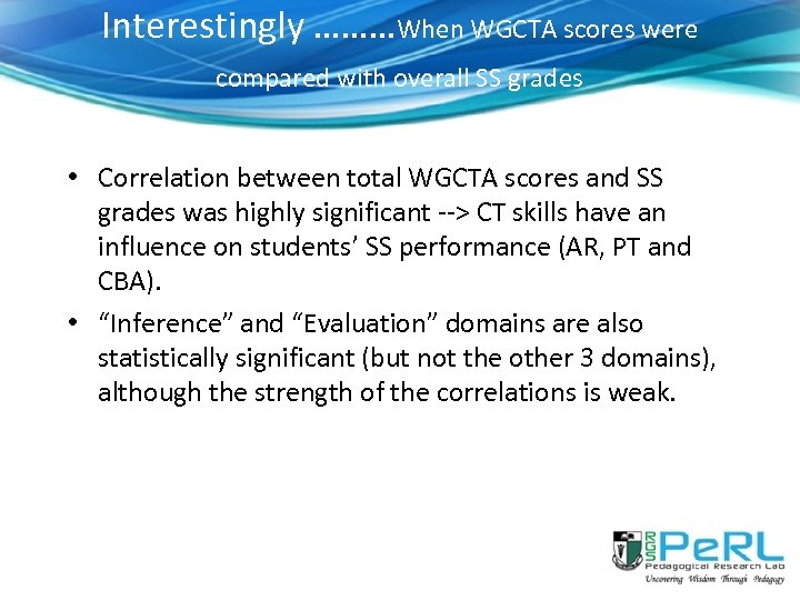 Interestingly ………When WGCTA scores were compared with overall SS grades • Correlation between total