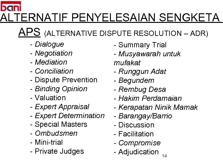 ALTERNATIF PENYELESAIAN SENGKETA APS (ALTERNATIVE DISPUTE RESOLUTION – ADR) - Dialogue - Negotiation -