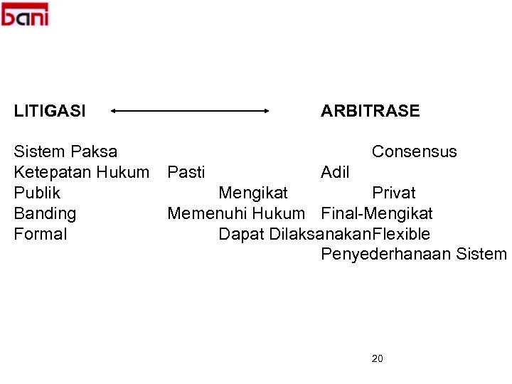 LITIGASI Sistem Paksa Ketepatan Hukum Publik Banding Formal ARBITRASE Consensus Pasti Adil Mengikat Privat