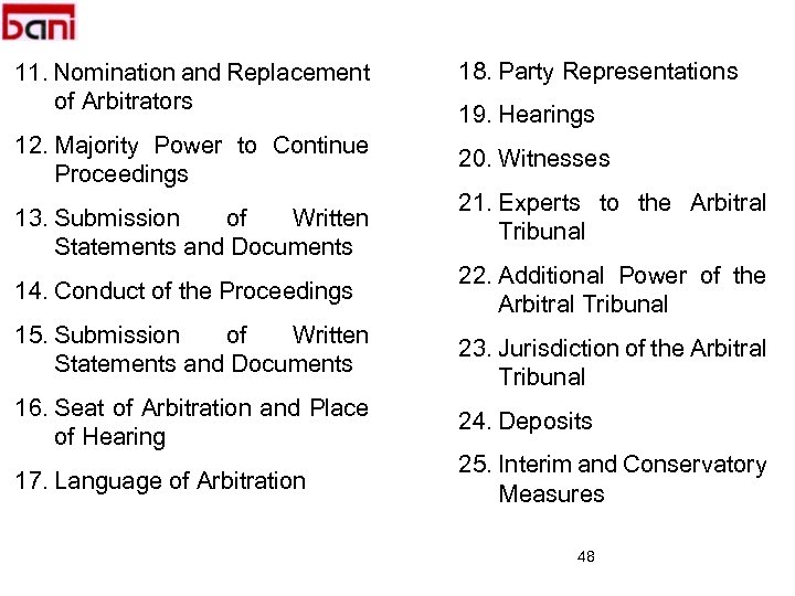 11. Nomination and Replacement of Arbitrators 12. Majority Power to Continue Proceedings 13. Submission
