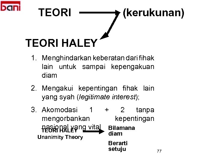 TEORI (kerukunan) TEORI HALEY 1. Menghindarkan keberatan dari fihak lain untuk sampai kepengakuan diam