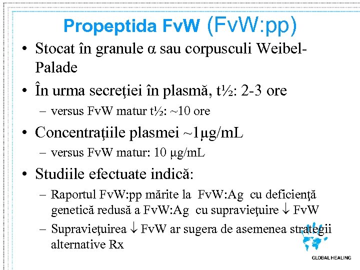 Propeptida Fv. W (Fv. W: pp) • Stocat în granule α sau corpusculi Weibel.