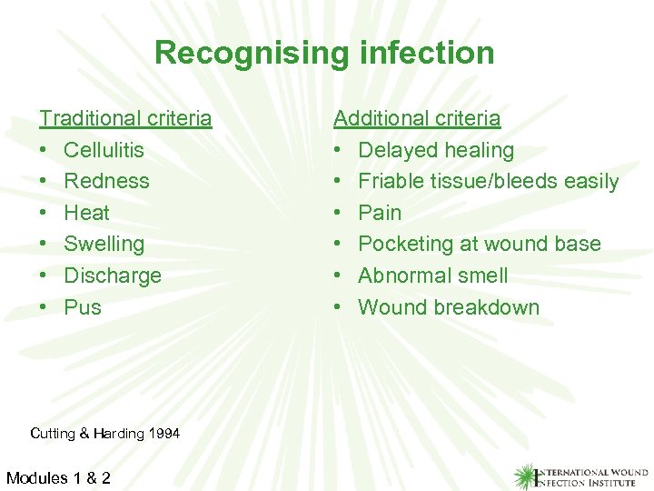 Recognising infection Traditional criteria • Cellulitis • Redness • Heat • Swelling • Discharge