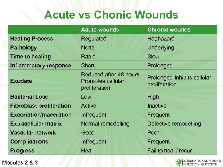 Acute vs Chonic Wounds Acute wounds Chronic wounds Healing Process Regulated Haphazard Pathology None