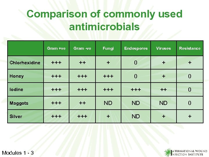 Comparison of commonly used antimicrobials Gram +ve Gram -ve Fungi Endospores Viruses Resistance Chlorhexidine