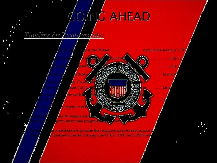 GOING AHEAD Timeline for Requirements: - Construction standards for vessels under 50 feet ………………….