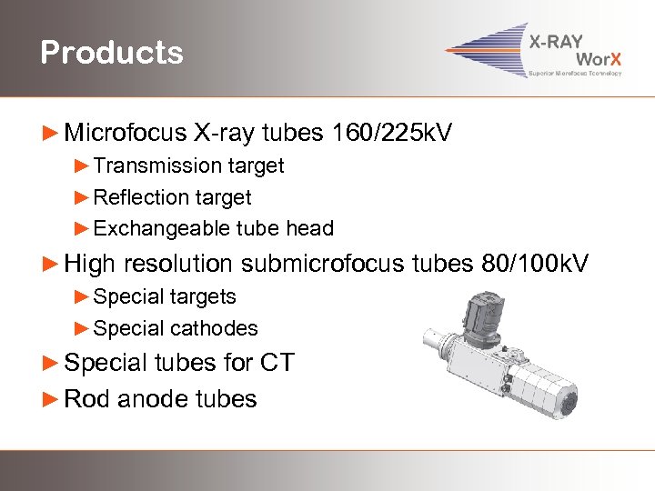 Products ► Microfocus X-ray tubes 160/225 k. V ►Transmission target ►Reflection target ►Exchangeable tube