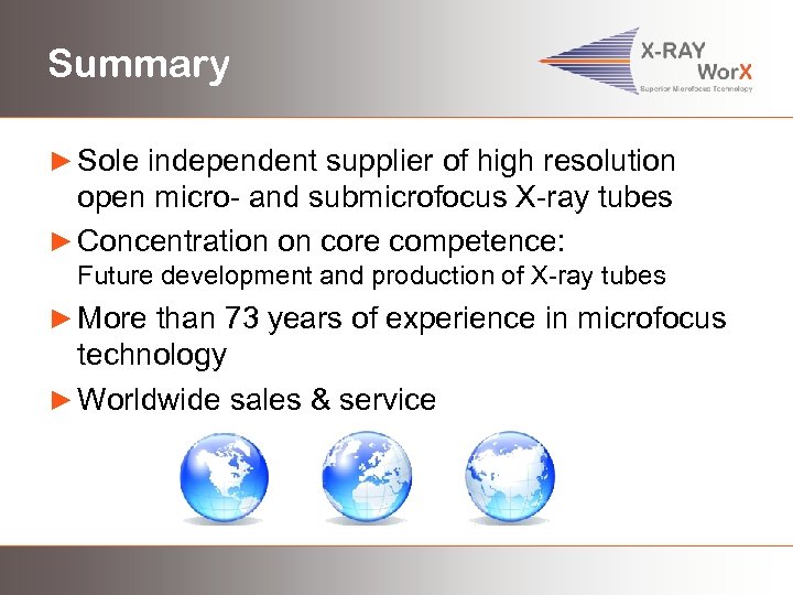 Summary ► Sole independent supplier of high resolution open micro- and submicrofocus X-ray tubes