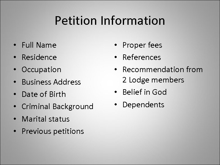 Petition Information • • Full Name Residence Occupation Business Address Date of Birth Criminal