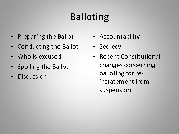 Balloting • • • Preparing the Ballot Conducting the Ballot Who is excused Spoiling