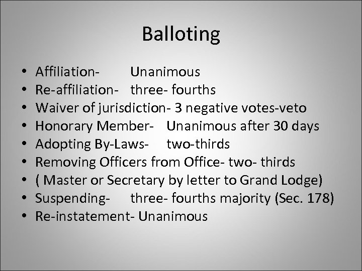 Balloting • • • Affiliation- Unanimous Re-affiliation- three- fourths Waiver of jurisdiction- 3 negative