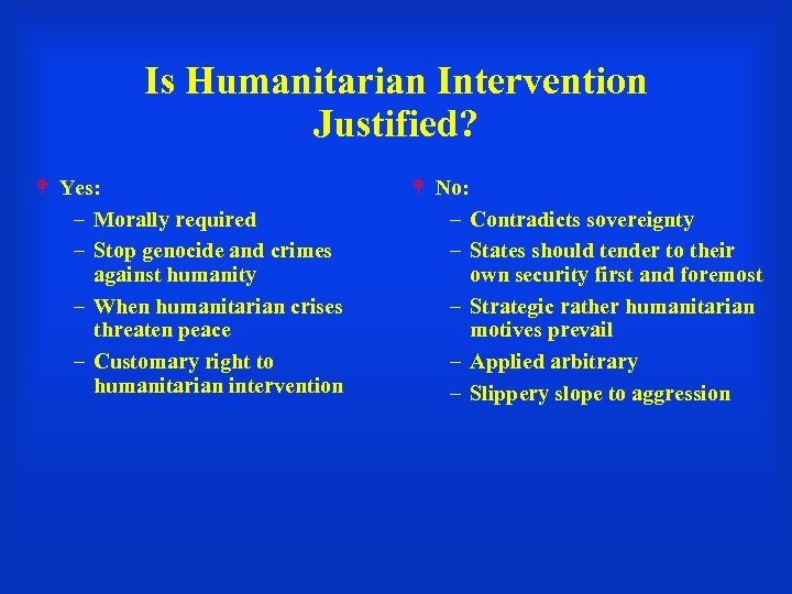 Is Humanitarian Intervention Justified? Yes: – Morally required – Stop genocide and crimes against