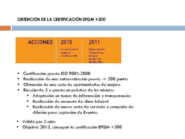 OBTENCIÓN DE LA CERTIFICACIÓN EFQM +200 • • Certificación previa ISO 9001: 2008 Realización