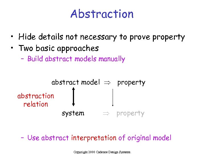 Abstraction • Hide details not necessary to prove property • Two basic approaches –