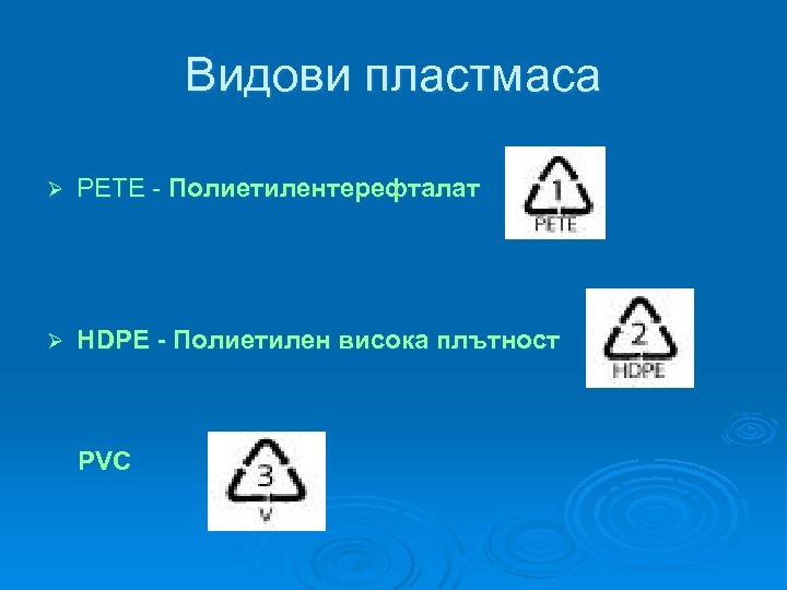 Видови пластмаса Ø PETE - Полиетилентерефталат Ø HDPE - Полиетилен висока плътност PVC 