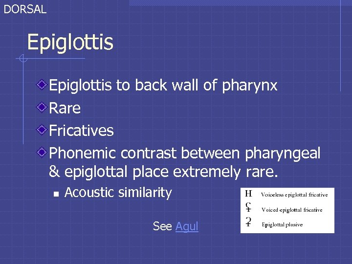 DORSAL Epiglottis to back wall of pharynx Rare Fricatives Phonemic contrast between pharyngeal &