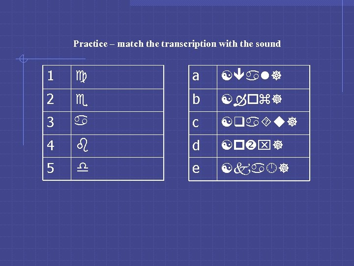 Practice – match the transcription with the sound 1 c a [ al] 2