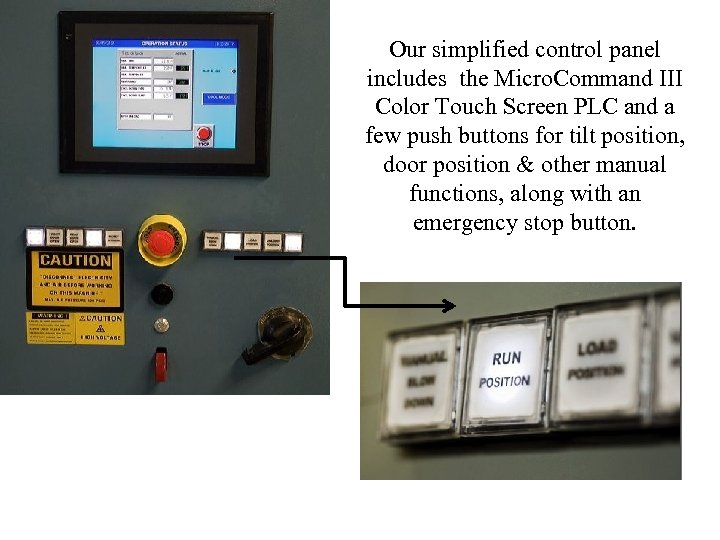Our simplified control panel includes the Micro. Command III Color Touch Screen PLC and