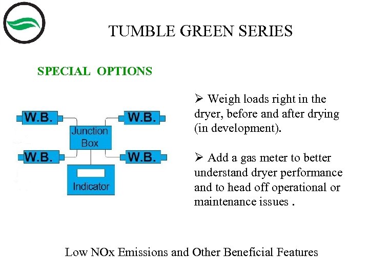 TUMBLE GREEN SERIES SPECIAL OPTIONS Ø Weigh loads right in the dryer, before and