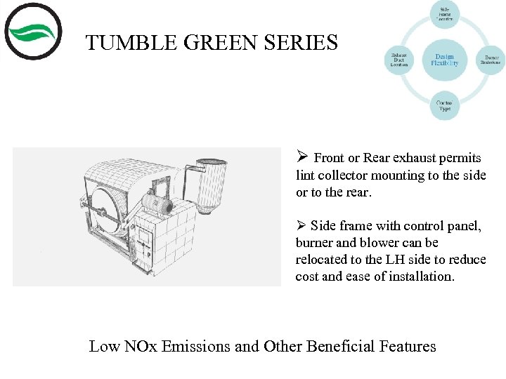 TUMBLE GREEN SERIES Ø Front or Rear exhaust permits lint collector mounting to the