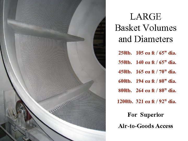 LARGE Basket Volumes and Diameters 250 lb. 105 cu ft / 65” dia. 350