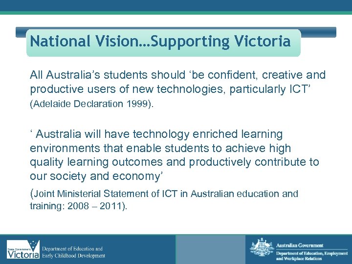 National Vision…Supporting Victoria All Australia’s students should ‘be confident, creative and productive users of