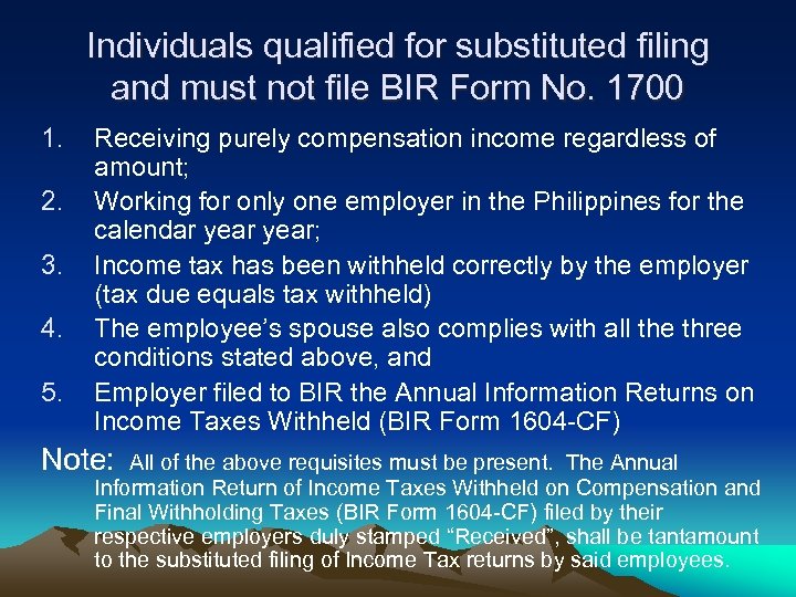 Individuals qualified for substituted filing and must not file BIR Form No. 1700 1.