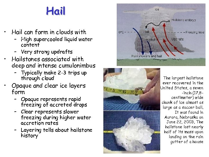 Hail • Hail can form in clouds with – High supercooled liquid water content