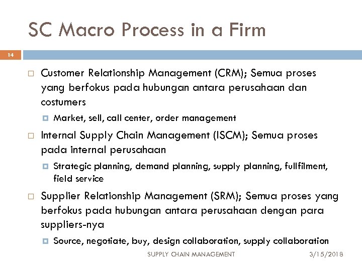 SC Macro Process in a Firm 14 Customer Relationship Management (CRM); Semua proses yang