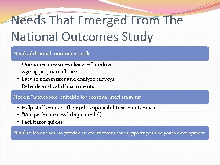 Needs That Emerged From The National Outcomes Study Need additional outcomes tools • •