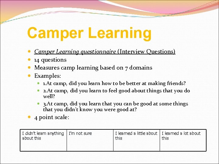 Camper Learning Camper Learning questionnaire (Interview Questions) 14 questions Measures camp learning based on