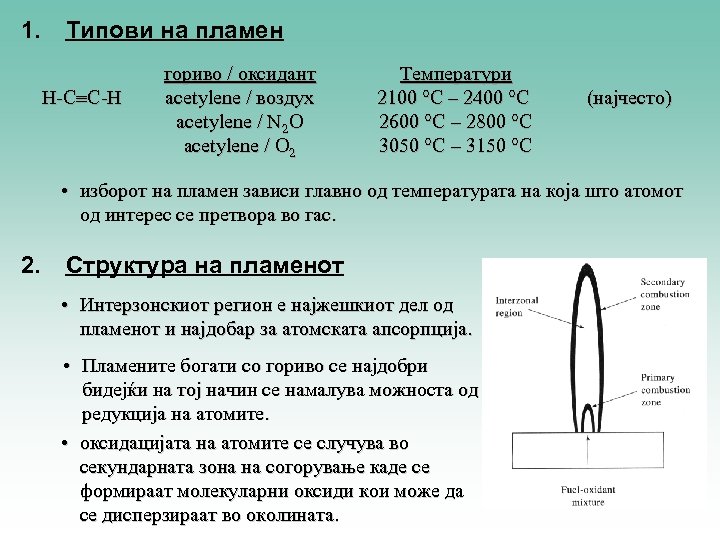 1. Типови на пламен H-CºC-H гориво / оксидант acetylene / воздух acetylene / N