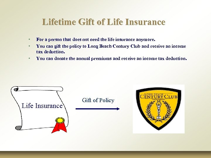 Lifetime Gift of Life Insurance • • • For a person that does not
